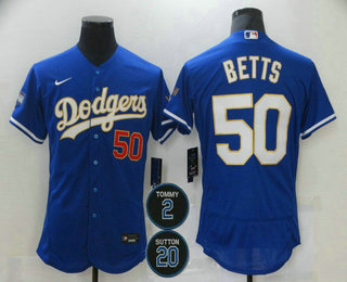 Men's Los Angeles Dodgers #50 Mookie Betts Blue Gold #2 #20 Patch Stitched MLB Flex Base Nike Jersey