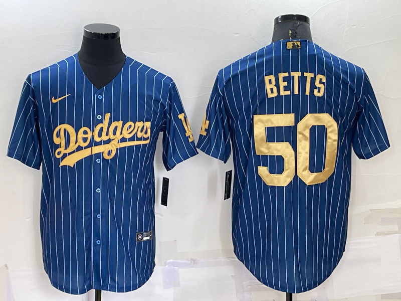 Men's Los Angeles Dodgers #50 Mookie Betts Navy Blue Gold Pinstripe Stitched MLB Cool Base Nike Jersey