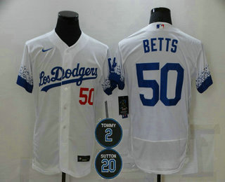 Men's Los Angeles Dodgers #50 Mookie Betts White #2 #20 Patch City Connect Flex Base Stitched Jersey