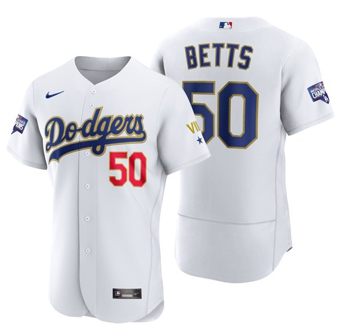 Men's Los Angeles Dodgers #50 Mookie Betts White Gold Championship Flex Base Sttiched MLB Jersey