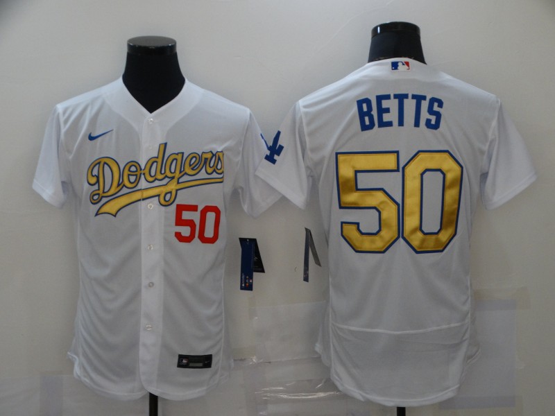 Men's Los Angeles Dodgers #50 Mookie Betts White Gold Sttiched Nike MLB Flex Base Jersey