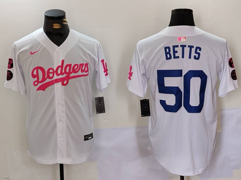 Men's Los Angeles Dodgers #50 Mookie Betts White Pink Vin & Kobe Patch Stitched Baseball Jersey1