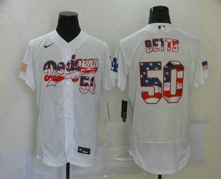 Men's Los Angeles Dodgers #50 Mookie Betts White USA Flag Stitched MLB Flex Base Nike Jersey