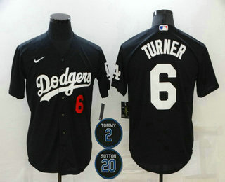 Men's Los Angeles Dodgers #6 Trea Turner Black #2 #20 Patch Stitched Number MLB Cool Base Nike Jersey