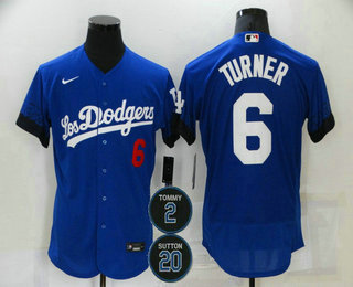 Men's Los Angeles Dodgers #6 Trea Turner Blue #2 #20 Patch City Connect Flex Base Stitched Jersey