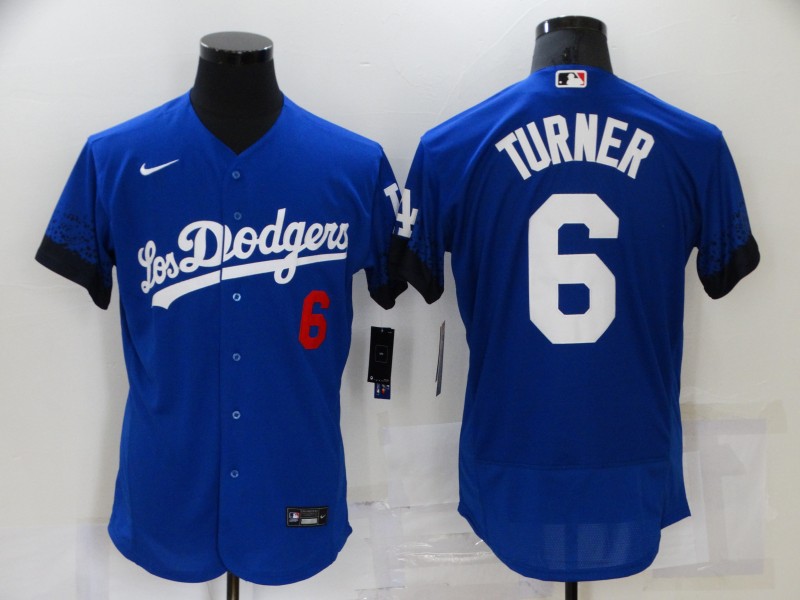 Men's Los Angeles Dodgers #6 Trea Turner Blue 2021 City Connect Flex Base Stitched Jersey