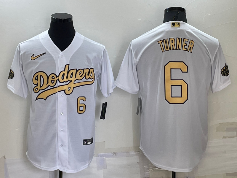 Men's Los Angeles Dodgers #6 Trea Turner Number White 2022 All Star Stitched Cool Base Nike Jersey