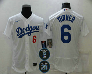 Men's Los Angeles Dodgers #6 Trea Turner White #2 #20 Patch Stitched MLB Flex Base Nike Jersey