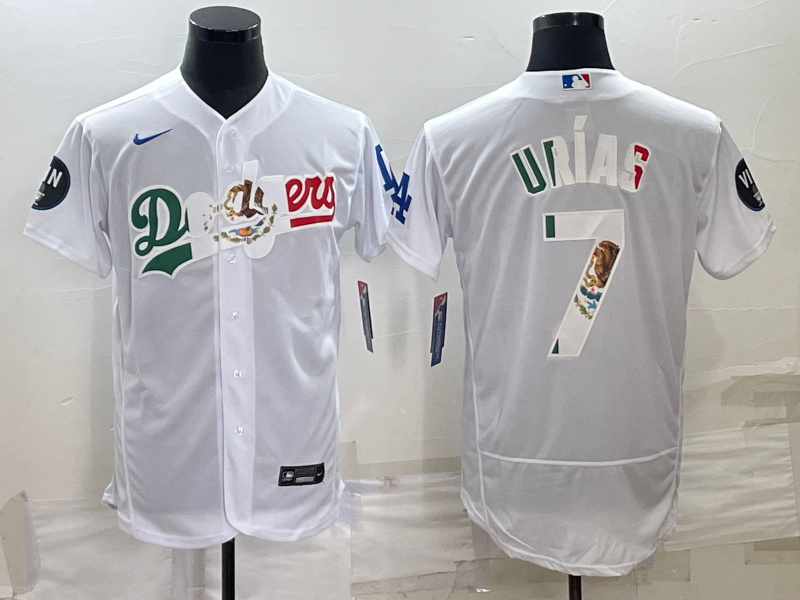 Men's Los Angeles Dodgers #7 Julio Urías White With Vin Scully Patch Flex Base Stitched Baseball JerseyS 1