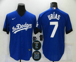 Men's Los Angeles Dodgers #7 Julio Urias Blue #2 #20 Patch City Connect Cool Base Stitched Jersey