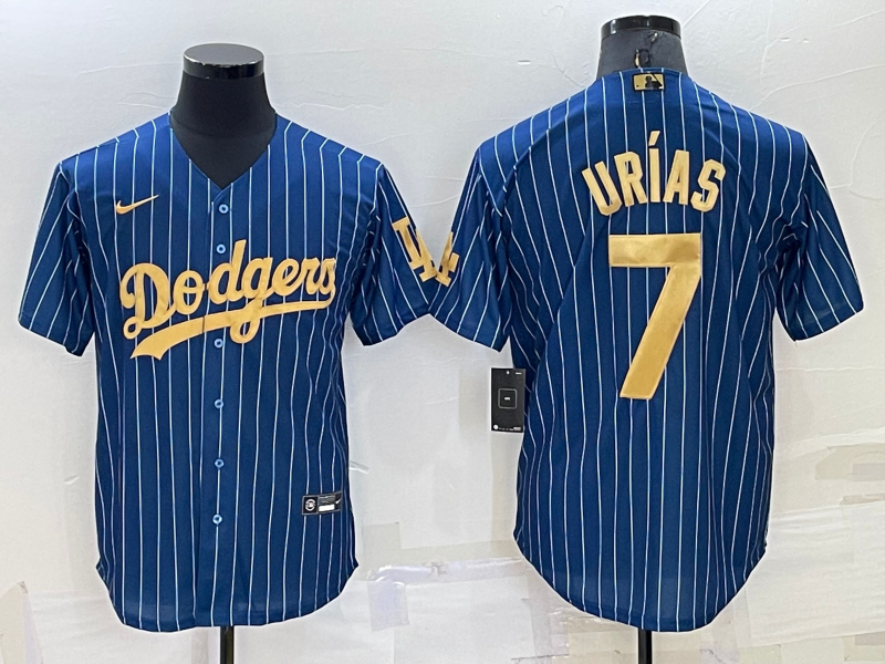 Men's Los Angeles Dodgers #7 Julio Urias Navy Blue Gold Pinstripe Stitched MLB Cool Base Nike Jersey