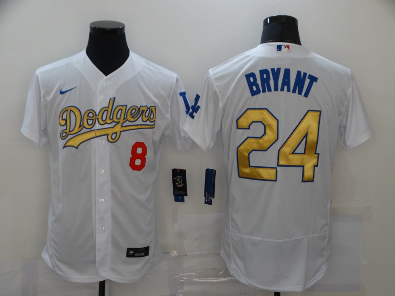 Men's Los Angeles Dodgers #8 #24 Kobe Bryant White Gold Sttiched Nike MLB Flex Base Jersey