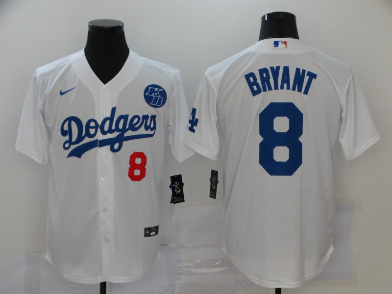 Men's Los Angeles Dodgers #8 Kobe Bryant White KB Patch Stitched MLB Cool Base Nike Jersey