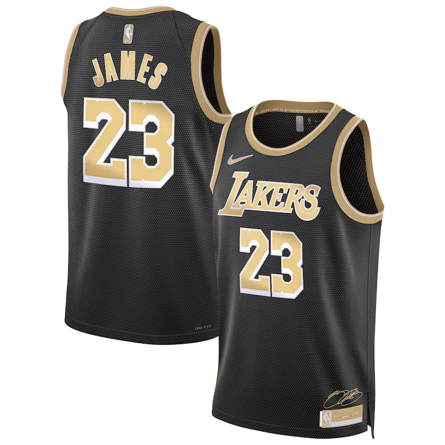 Men's Los Angeles Lakers #23 LeBron James Black Gold 2024 Select Series Stitched Jersey
