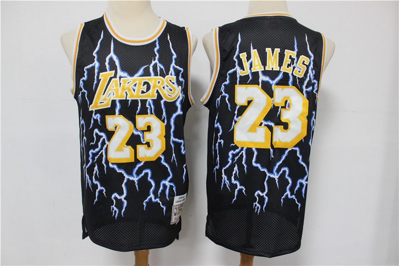 Men's Los Angeles Lakers #23 LeBron James Black Lightning Hardwood Classics Soul Swingman Throwback Jersey