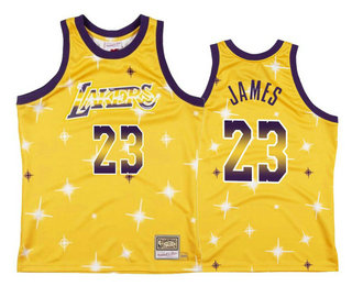 Men's Los Angeles Lakers #23 LeBron James Starry Yellow Hardwood Classics Soul Swingman Throwback Jersey