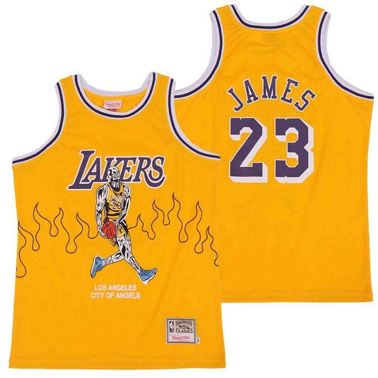 Men's Los Angeles Lakers #23 LeBron James Yellow Hardwood Classics Skull Edition Jersey