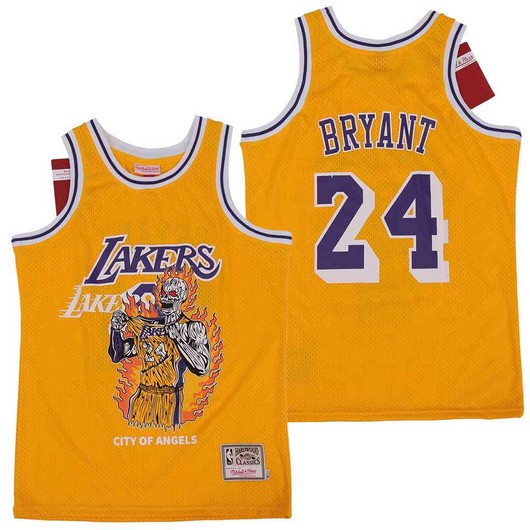 Men's Los Angeles Lakers #24 Kobe Bryant Yellow Hardwood Classics Skull Edition Jersey