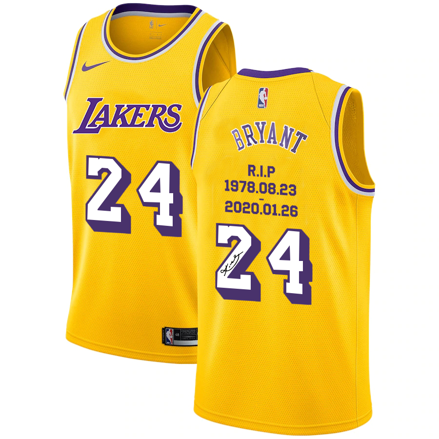 Men's Los Angeles Lakers #24 Kobe Bryant Yellow R.I.P Signature Swingman Jerseys