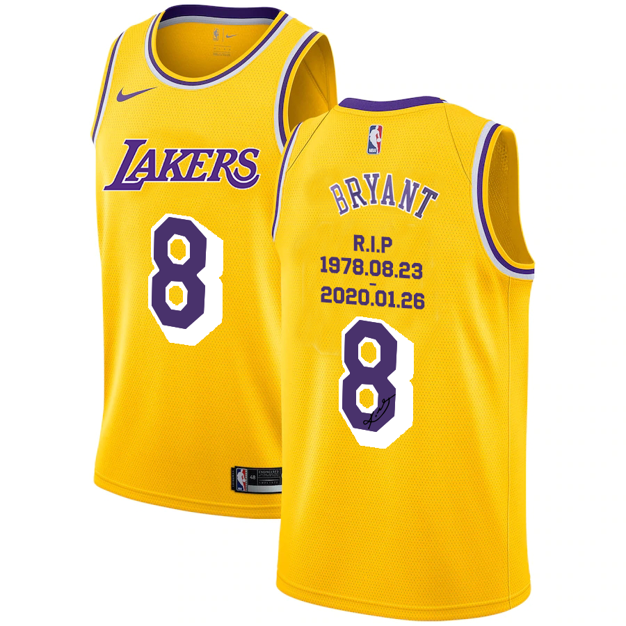 Men's Los Angeles Lakers #8 Kobe Bryant Yellow R.I.P Signature Swingman Jerseys