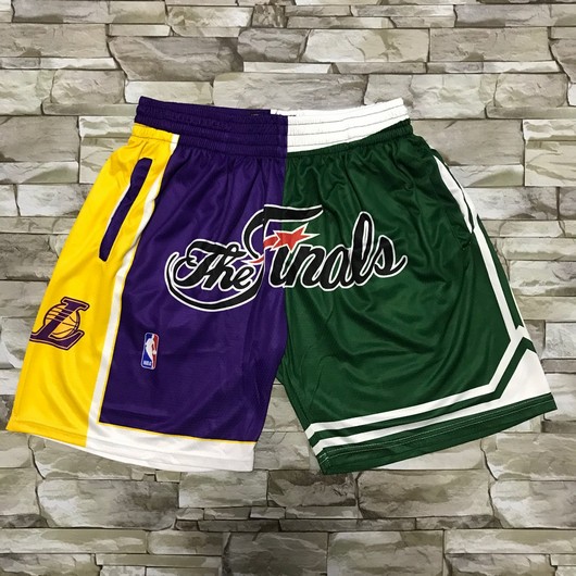 Men's Los Angeles Lakers and Boston Celtics Purle With Green 2008 The Finals Patch Split Hardwood Classics Soul Swingman Throwback Shorts