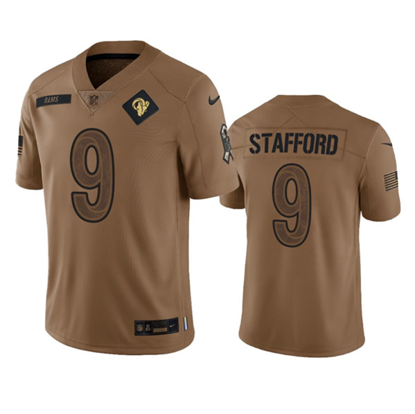 Men's Los Angeles Rams #9 Matthew Stafford 2023 Brown Salute To Service Limited Football Stitched Jersey