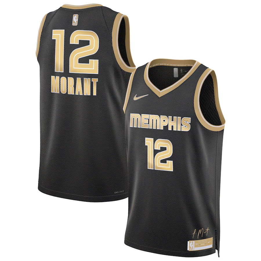 Men's Memphis Grizzlies #12 Ja Morant Black Gold 2024 Select Series Stitched Jersey