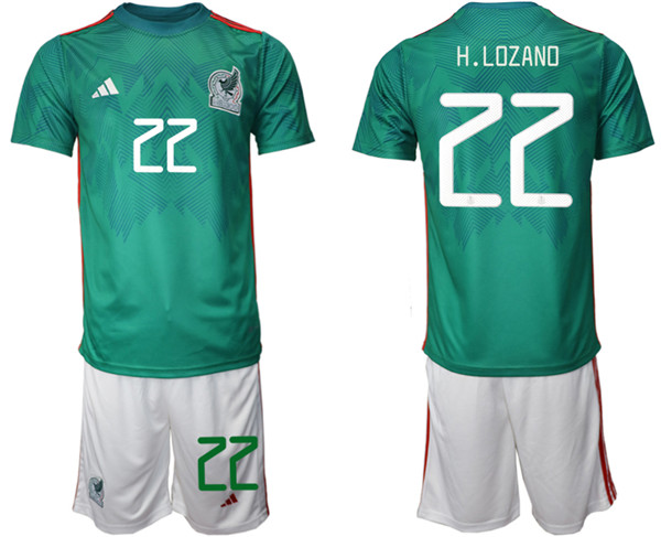 Men's Mexico #22 H.Lozano Green Home Soccer 2022 FIFA World Cup Jerseys Suit