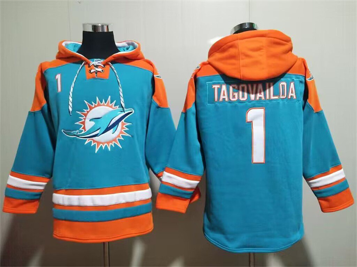 Men's Miami Dolphins #1 Tua Tagovailoa Aqua Lace-Up Pullover Hoodie