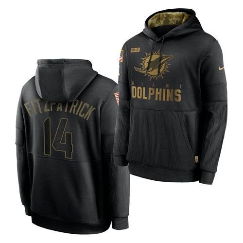 Men's Miami Dolphins #14 Ryan Fitzpatrick 2020 Salute To Service Black Sideline Performance Pullover Hoodie