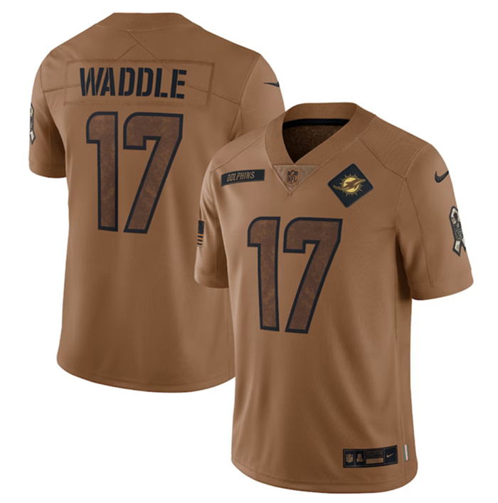 Men's Miami Dolphins #17 Jaylen Waddle 2023 Brown Salute To Service Limited Stitched Football Jersey