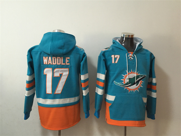 Men's Miami Dolphins #17 Jaylen Waddle Aqua Lace-Up Pullover Pockets Hoodie