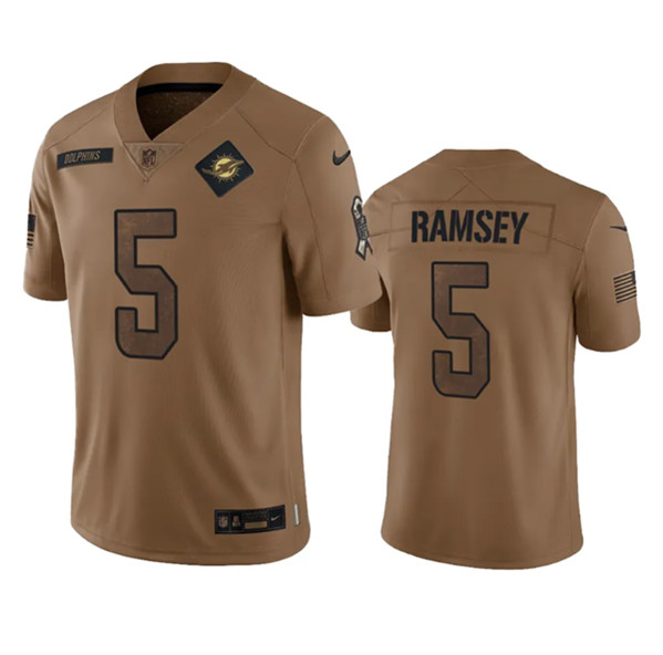 Men's Miami Dolphins #5 Jalen Ramsey 2023 Brown Salute To Service Limited Football Stitched Jersey