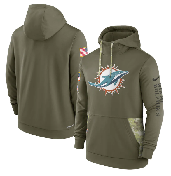 Men's Miami Dolphins 2022 Olive Salute To Service Therma Performance Pullover Hoodie