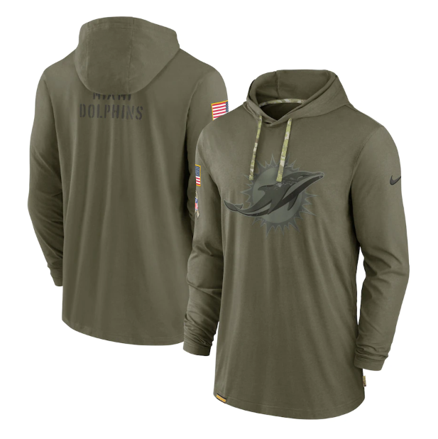 Men's Miami Dolphins 2022 Olive Salute To Service Tonal Pullover Hoodie