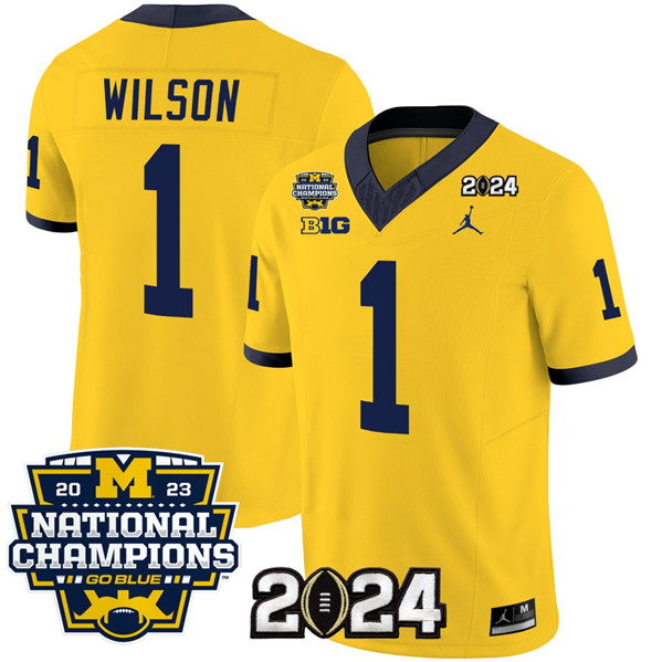 Men's Michigan Wolverines #1 Roman Wilson Yellow 2024 F.U.S.E. With 2023 National Champions Patch Stitched Jersey