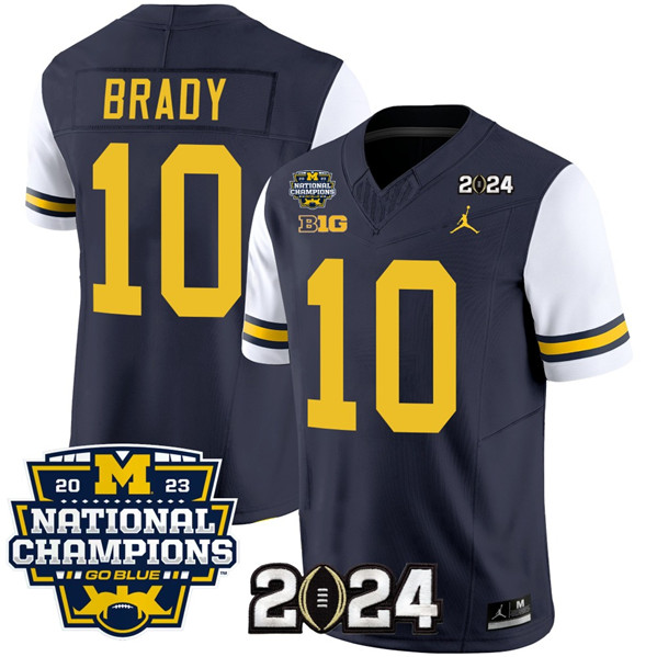 Men's Michigan Wolverines #10 Tom Brady Navy White 2024 F.U.S.E. With 2023 National Champions Patch Stitched Jersey
