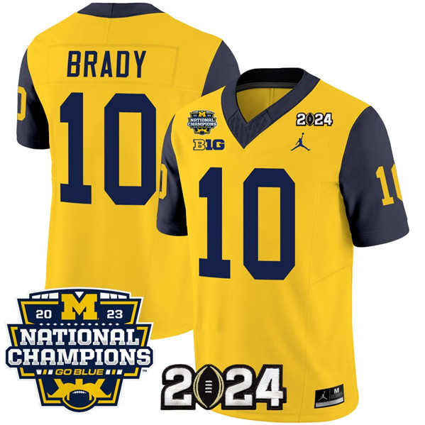Men's Michigan Wolverines #10 Tom Brady Yellow Navy 2024 F.U.S.E. With 2023 National Champions Patch Stitched Jersey