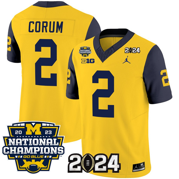 Men's Michigan Wolverines #2 Blake Corum Yellow Navy 2024 F.U.S.E. With 2023 National Champions Patch Stitched Jersey