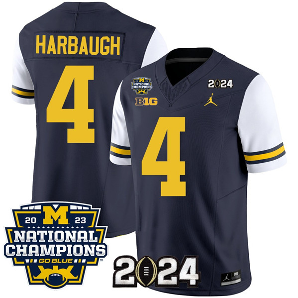Men's Michigan Wolverines #4 Jim Harbaugh Navy White 2024 F.U.S.E. With 2023 National Champions Patch Stitched Jersey