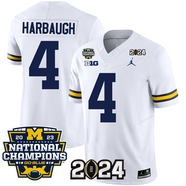 Men's Michigan Wolverines #4 Jim Harbaugh White 2024 F.U.S.E. With 2023 National Champions Patch Stitched Jersey