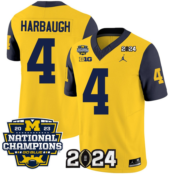 Men's Michigan Wolverines #4 Jim Harbaugh Yellow Navy 2024 F.U.S.E. With 2023 National Champions Patch Stitched Jersey