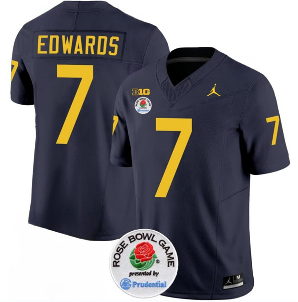 Men's Michigan Wolverines #7 Donovan Edwards 2023 F.U.S.E. Navy Blue Rose Bowl Patch Stitched Jersey