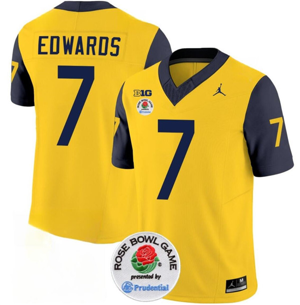 Men's Michigan Wolverines #7 Donovan Edwards 2023 F.U.S.E. Yellow Navy Rose Bowl Patch Stitched Jersey