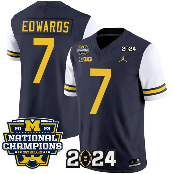 Men's Michigan Wolverines #7 Donovan Edwards Navy White 2024 F.U.S.E. With 2023 National Champions Patch Stitched Jersey