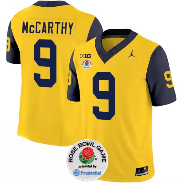 Men's Michigan Wolverines #9 J.J. McCarthy 2023 F.U.S.E. Yellow Navy Rose Bowl Patch Stitched Jersey