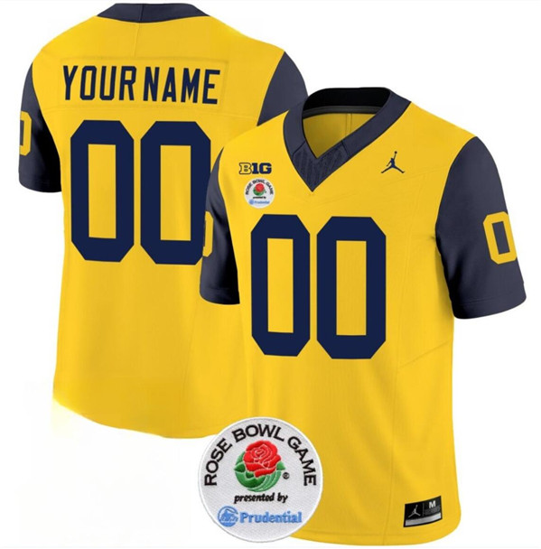 Men's Michigan Wolverines ACTIVE PLAYER Custom 2023 F.U.S.E. Yellow Navy Rose Bowl Patch Stitched Jersey