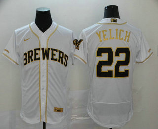 Men's Milwaukee Brewers #22 Christian Yelich White With Gold Stitched MLB Flex Base Nike Jersey