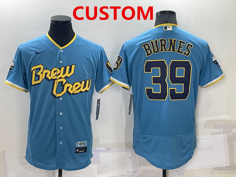 Men's Milwaukee Brewers Custom Blue 2022 City Connect Flex Base Stitched Jersey