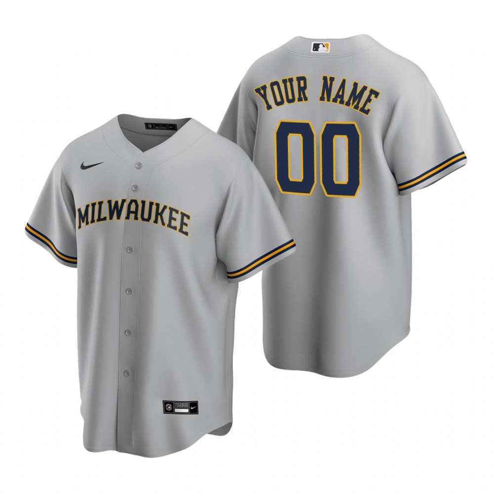 Men's Milwaukee Brewers Custom Nike Gray Stitched MLB Cool Base Road Jersey